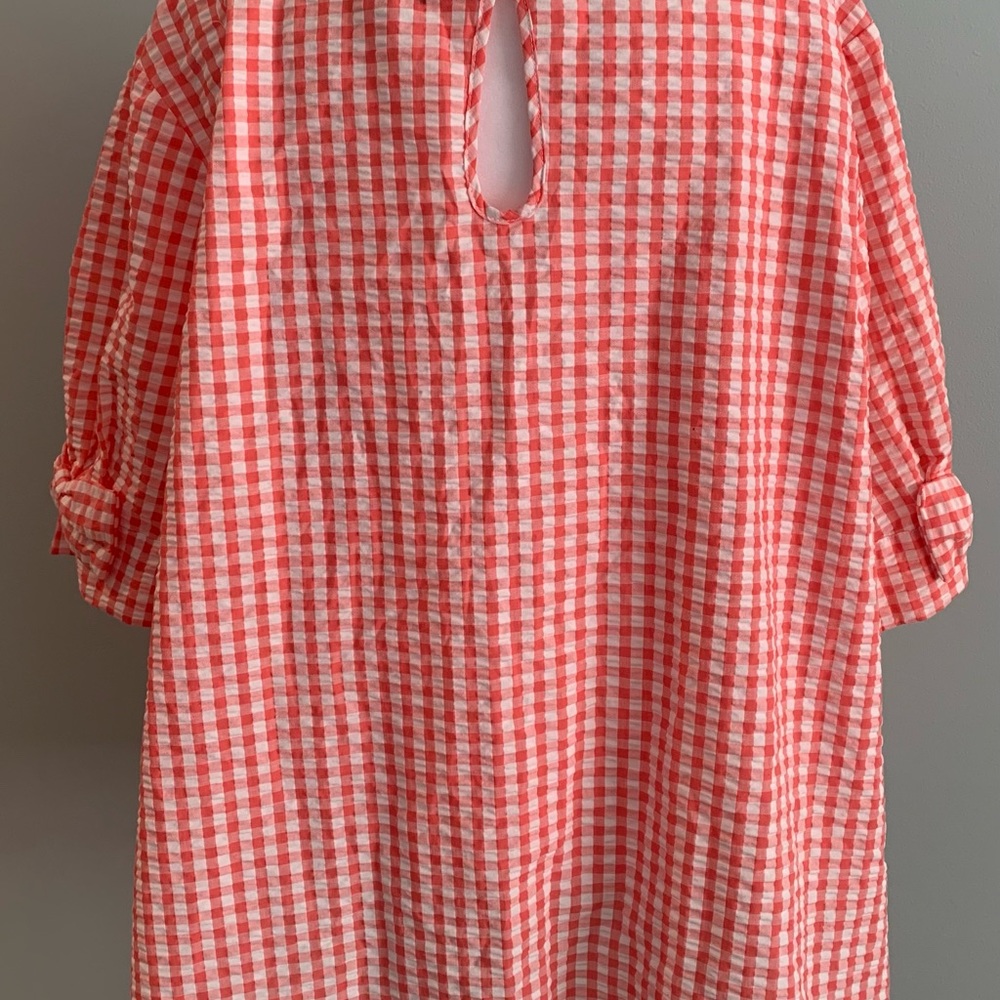 Coral/white gingham top w/keyhole back closure, elbow length sleeves w/bow. NWT - Picture 2 of 6